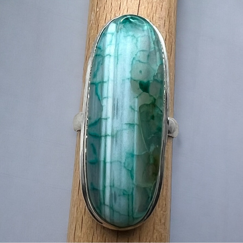 New Green Enhanced Botswana Dragon Vein Agate Stone Silver Overlay Ring Size 8.5